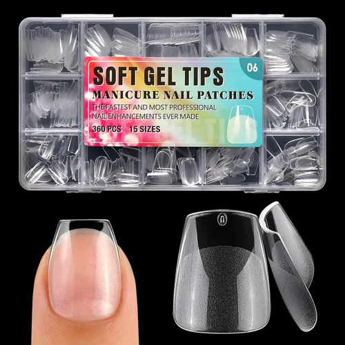 Vista 15 de 360 puntas de uñas cortas de almendra, puntas de uñas postizas cortas en forma de almendra, puntas de uñas acrílicas transparentes a presión, puntas