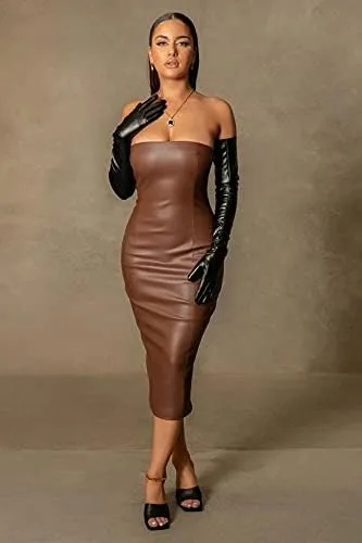 Vista 2 de XLLAIS Vestido sexy sin tirantes para mujer, vestido midi para club, hombros descubiertos, vestido de cuero sintético para fiesta