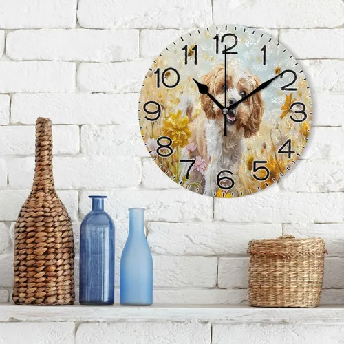 Vista 3 de ALAZA A Cockapoo - Reloj de pared con diseño de flores de perro, funciona con pilas, sin tictac, de cuarzo, analógico, rústico, rústico, reloj