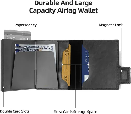 Vista 3 de Airtag Wallet Men Double Layers,RFID Smart Slim Leather Air Tag Wallet, High Capacity Pop Up Apple Airtag Wallet with Airtag Holder(Classic Black)