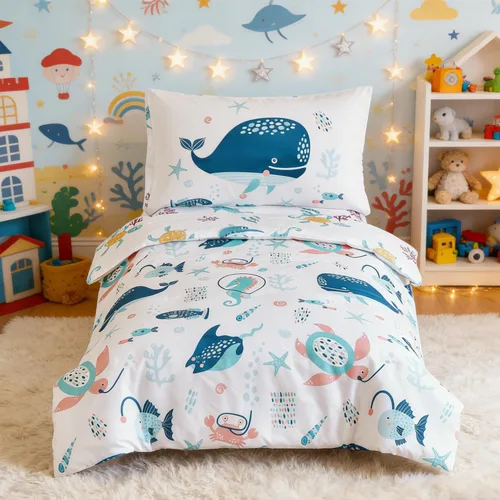 Vista 21 de PERFEMET Juego de cama de 4 piezas para niños pequeños con edredón de autos para niños, reversible, ligero, vehículos azules, juego de cama