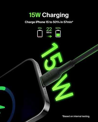 Vista 2 de Belkin Cable USB C a USB A, 3.3 pies, 15 W, cargador tipo C, cable de carga de iPhone para iPhone 16, Galaxy S25, Pixel 9, AirPods, iPad Pro, Negro