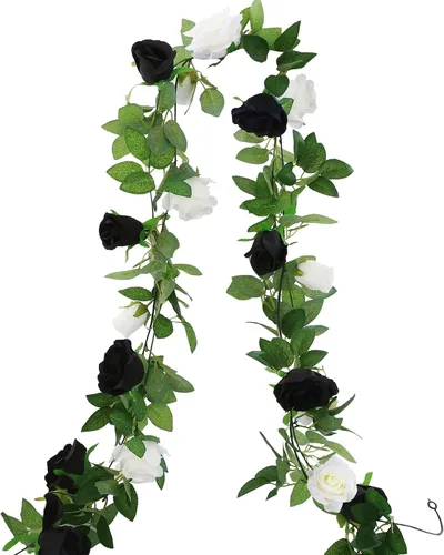 Vista 13 de GREENTIME - Guirnalda de flores artificiales 2 unidades, 4 metros de vid de rosas falsas, 9 cabezas de rosas, para arco de boda, centro de mesa