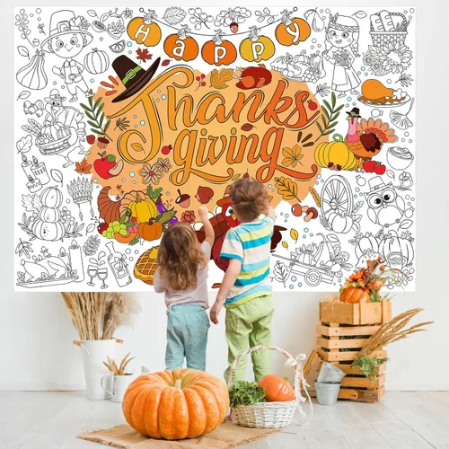 Vista 4 de HOWAF Póster para colorear con 24 bolígrafos de pintura, cartel gigante para colorear con texto en inglés "Give Thank Things", mantel gigante