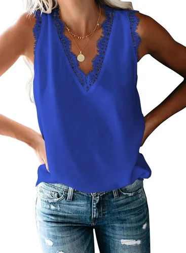 Vista 127 de VIISHOW - Camiseta sin mangas, sexy, con cuello en V y bordes de encaje para mujer, camisola de vestir, camisas de gasa, sin mangas, casuales