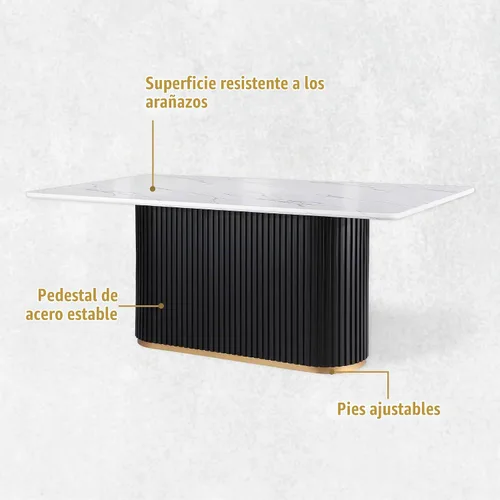Vista 3 de Juego de mesa de comedor moderno Morden Fort para 4, mesa de cocina de 70" con tapa rectangular de mármol y base estriada negra, 4 sillas tapizadas