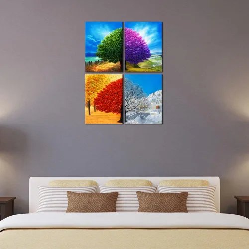 Vista 5 de Wieco Art Lienzo decorativo de 4 paneles para pared, diseño de árbol de cuatro estaciones, coloridas impresiones de paisaje de primavera, verano