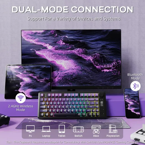 Vista 3 de Teclado inalámbrico para juegos M75, membrana mecánica con perilla y pantalla OLED Bluetooth2.4Ghz Rainbow Backlit Gradient PBT Keycaps 2000mAH