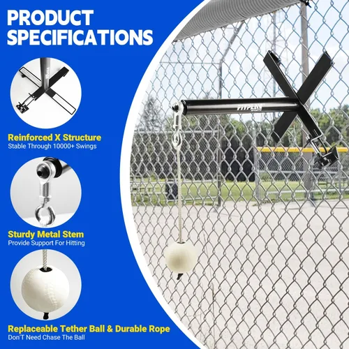 Vista 3 de Entrenador de swing de béisbol de reinicio automático, entrenador de golpeo portátil con bola atada para montaje en cerca, perfecto para béisbol