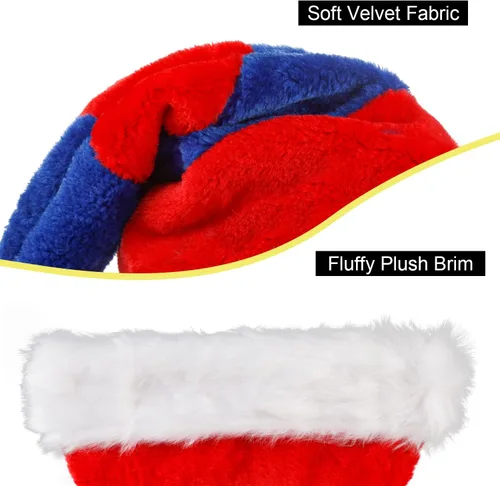 Vista 3 de LOMIMOS Sombrero de Papá Noel de Navidad, sombrero de felpa de terciopelo azul y rojo para adultos, decoración del hogar, suministros de fiesta