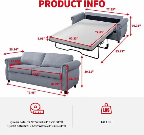 Vista 3 de PUREMIND Sofá cama extraíble 2 en 1 tamaño Queen, sofá biplaza tapizado con colchón de espuma viscoelástica, sofá cama con ribete de cabeza