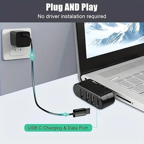 Vista 5 de Hub USB 3.0 de 4 puertos [90°/180° grados giratorio], divisor USB con puerto USB C de 5 W, extensor USB para laptop, automóvil y más