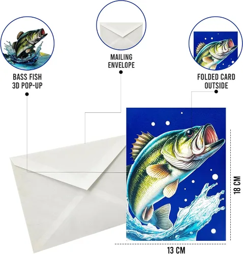 Vista 6 de Bass Fish - Tarjeta de felicitación emergente 3D Diseño de tarjeta de cumpleaños emergente hecha a mano simbólica para cumpleaños, aniversarios
