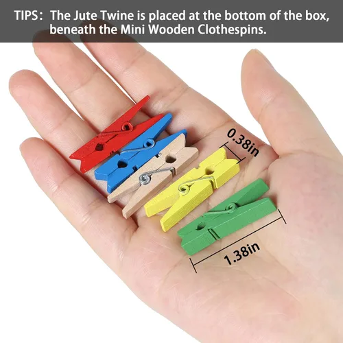 Vista 6 de HSTECH 100 piezas de mini pinzas de madera natural verde y 25 m de cuerda de yute, pinzas para ropa de bebé, pinzas de 3.5 cm para manualidades