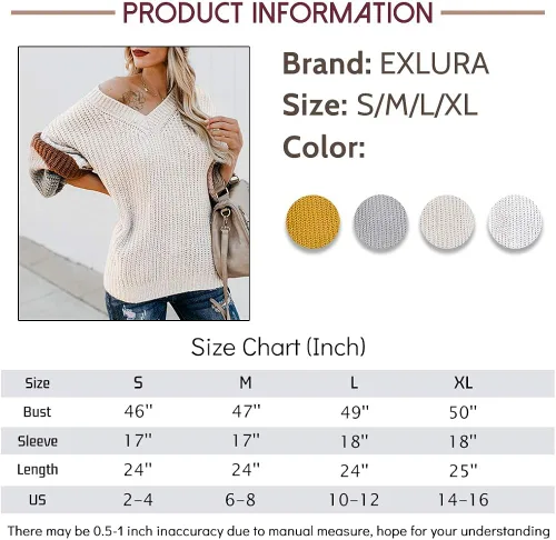 Vista 6 de EXLURA V Neck Long Lantern Sleeve Sweater Color Block Chunky Pullover Oversized Jumper