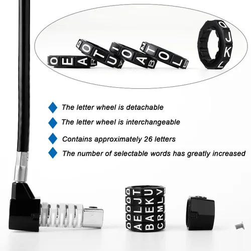 Vista 5 de Cerradura de combinación reiniciable de 5 palabras, cerradura de letra, candado de seguridad para el hogar con cable antirrobo de 0.315 pulgadas