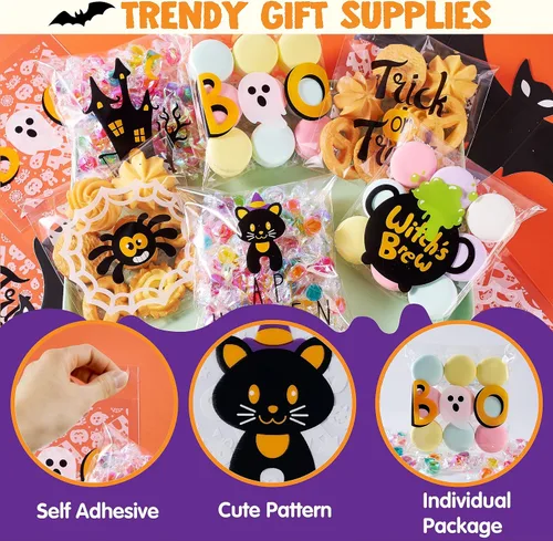 Vista 5 de JOYIN 150 bolsas de celofán de Halloween, autoadhesivas, transparentes para galletas y dulces, para niños, para dulce o truco, pequeña bolsa