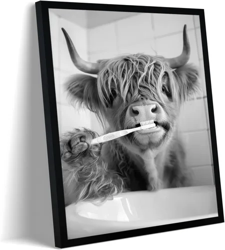 Vista 11 de Arte de pared de lienzo enmarcado para baño con oso negro tierno, decoración divertida para baño con animales, adorable oso con papel higiénico