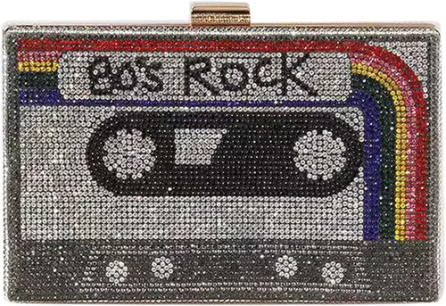 Vista 7 de QZUnique Bolso de hombro en forma de cinta con grabador de radio PU Crossbody bolso de noche retro para mujer, bolso de mano