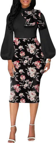 Vista 3 de BestGirl Vestidos ajustados de manga obispo para mujer, vestidos de trabajo casuales con estampado floral