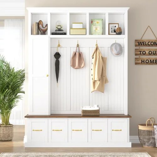 Vista 33 de JIVOIT Farmhouse Wood Hall Tree with Coat Hooks, Cabinets, 4 Drawers, Hooks (Ancient White/ 091)