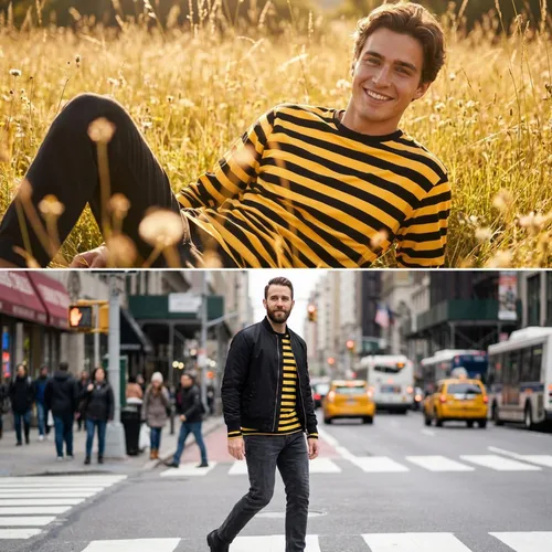 Vista 6 de Casual Black White Striped T-Shirt Mens Long Sleeve Cotton Spandex Crewneck Manga larga (negro y amarillo)