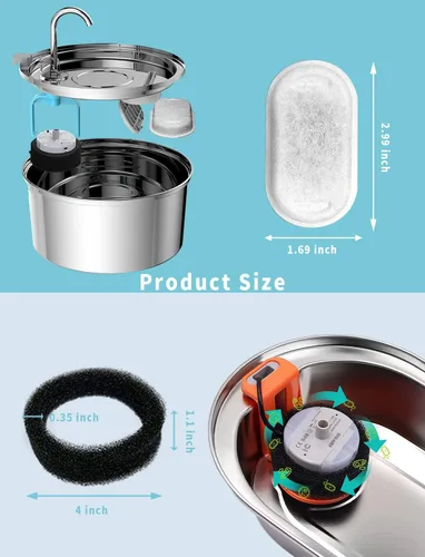 Vista 3 de Filtros de fuente de agua para gatos (4+4), repuesto para 3.2L/108oz (2L/67oz) de acero inoxidable para mascotas, agua de perro, 4 piezas de carbono