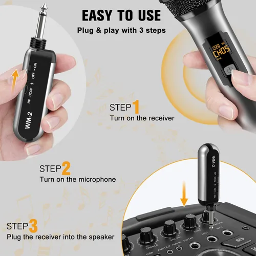 Vista 4 de VeGue Micrófono Inalámbrico, Juego de Micrófono UHF Dinámico de Mano Dual Inalámbrico con Receptor Recargable, para Karaoke, Fiesta, Amplificador