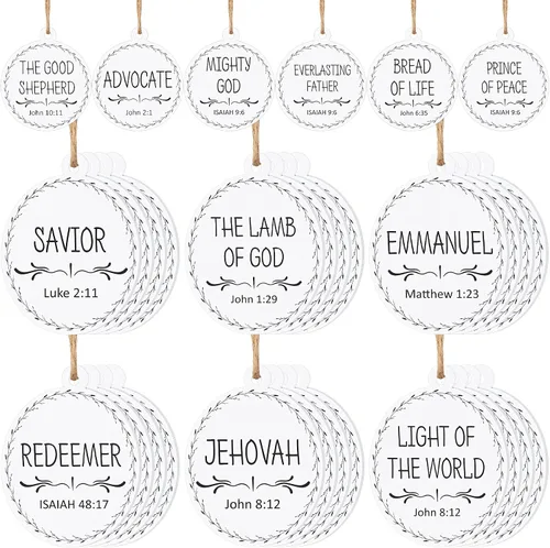 Vista 8 de Jetec 48 Piezas Adornos con Nombres de Jesús Cristo Adornos de Navidad Juego de Belén Adorno Redondo de Madera para Navidad Adorno Colgante