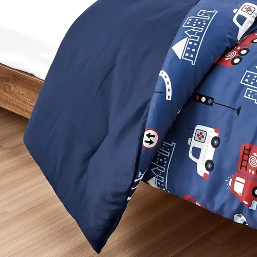 Vista 6 de Juego de edredón de 4 piezas Fire Turck para niños, hermoso diseño de motivos con estampado bordado Motivo bordado de fuego Turck Twin