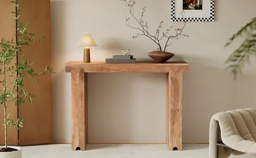 Vista 3 de Mesa consola de madera de 45 pulgadas para mesa de entrada, consola minimalista estrecha retro de granja con madera de mango maciza, mesas de sofá