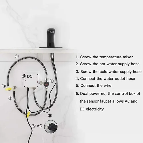Vista 6 de Grifo de baño automático negro activado por movimiento, sin contacto, bañera, lavabo, lavabo, aireador, un agujero, mezclador de latón, desagüe