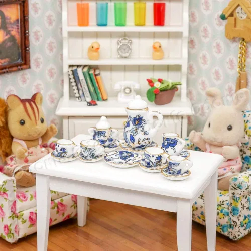 Vista 6 de Odoria 1:12 Miniatura 15pcs porcelana azul Chintz taza de té Set (azul)