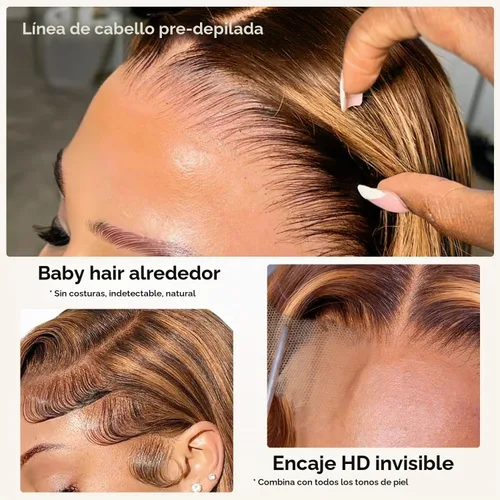Vista 3 de Pizazz Honey Blonde Lace Front Wigs Human Hair Pre Plucked Natural Hairline 13x4 Glueless Wigs Human Hair 180 Density 4/27 Highlight Body Wave Human
