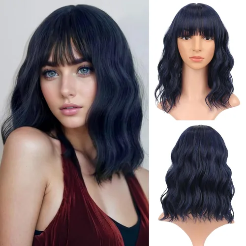 Vista 28 de VCKOVCKO - Peluca de cabello castaño claro rizada con flequillo de aire, onda natural rizada, peluca corta estilo Bob para mujer, longitud hasta