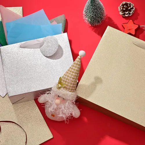 Vista 3 de PAPER FAIR 12 piezas surtidas de bolsas de regalo metálicas doradas plateadas con purpurina a granel con etiqueta, tamaño L 12.5' M 9