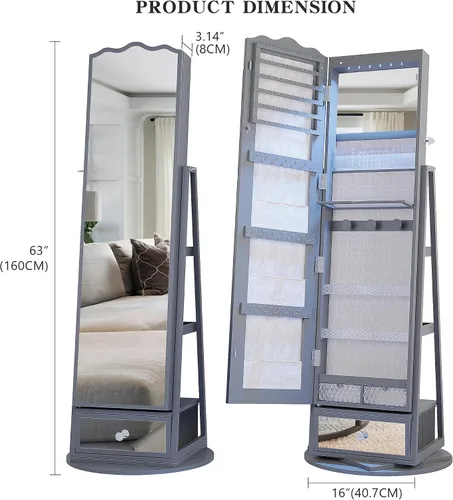Vista 2 de Lvifur Armario de joyería LED giratorio de 360 con cerradura, espejo de longitud completa, armario organizador de joyas de gran capacidad, espejo