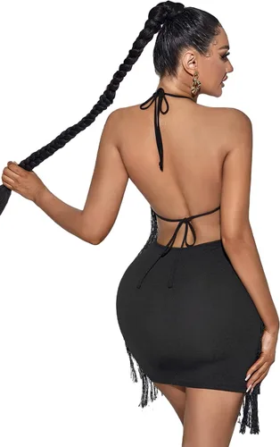 Vista 2 de SheIn Vestido corto sin mangas con flecos sin espalda sin mangas con borlas para mujer