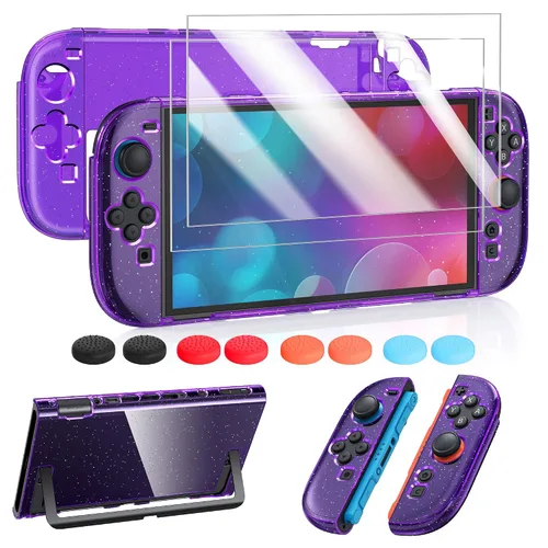 Vista 4 de FYOUNG Protective Case for Switch, Slim Hard Shell for Switch Accessories, Scratch&Shock Protection Cover with Screen Protector, 8 Thumb Grip(Clear