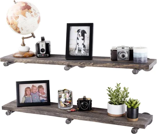 Vista 18 de Pipe DÉCOR - Estantería de madera de abeto Douglas de alta calidad, 24 pulgadas de largo, juego de 2 tablas y 4 soportes rectos, acabado marrón