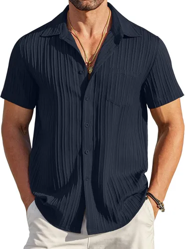 Vista 25 de COOFANDY - Camisas de botones casuales para hombre, de manga corta, con textura, camisa de playa de verano con bolsillo