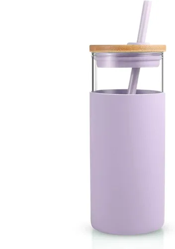 Vista 16 de Tronco Vaso de vidrio de 20 onzas con tapa y popote, taza de café helado y vaso para batido con tapas de bambú y funda protectora de silicona, apto