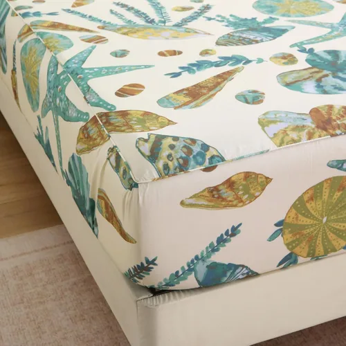 Vista 5 de ABREEZE Juego de sábanas de 4 piezas con temática de playa, 100% algodón, ropa de cama costera súper suave, color blanco, verde azulado, conchas