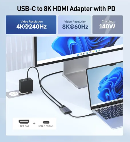 Vista 2 de Cable Matters Adaptador USB C a HDMI 2.1 de 48 Gbps con carga de 140 W 8K @60Hz / 4K @240Hz HDR, para macOS y Windows, sin VRR, adaptador