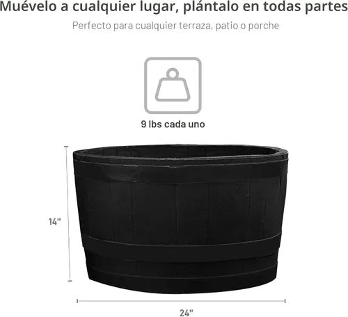 Vista 5 de RTS Companies Home Accents - Maceta de barril de whisky de 24 pulgadas, maceta de polietileno duradero para interiores y exteriores, maceta de Negro