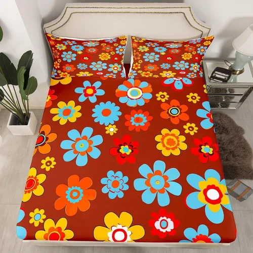 Vista 34 de Juego de ropa de cama con diseño floral bohemio, tamaño individual, diseño retro de flores groovy, 60S y 70S, diseño de flores hippie para niños