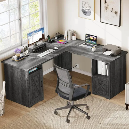 Vista 7 de DWVO Escritorio en forma de L con cajón de archivos, escritorio de esquina de 60 pulgadas con tomas de corriente, escritorio de oficina en casa