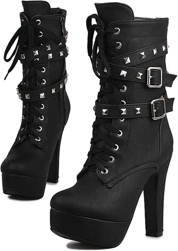 Vista 3 de ForeMode- Botines de otoño de tacón alto para mujer con cordones puntera redonda tacón grueso y plataforma Botines modelo Knight Martin