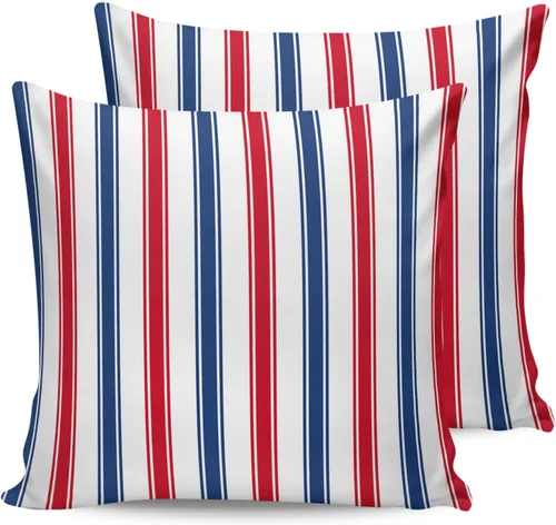 Vista 7 de Juego de 2 fundas de almohada impermeables para sofá, fundas de almohada decorativas de líneas rojas y azules a rayas de 18 x 18 pulgadas