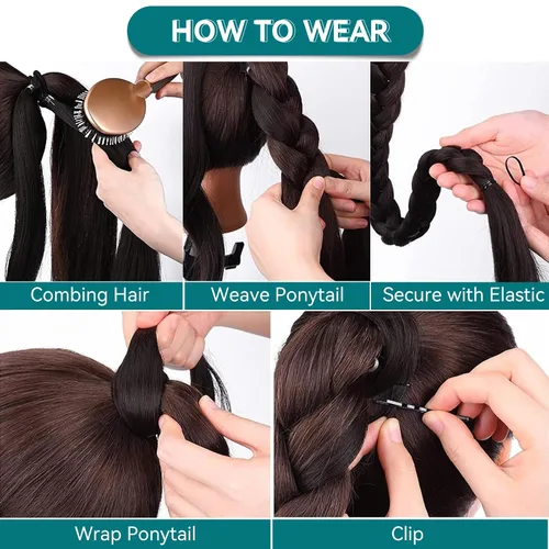 Vista 4 de EMMOR Extensión de cola de caballo larga trenzada con cabello lacio envolvente, extensiones de cabello sintético suave y saludable para mujeres
